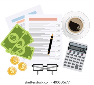 Picture of invoice sheet, pen, calculator, coins, banknotes and glasses, flat style illustration, invoice payment concept