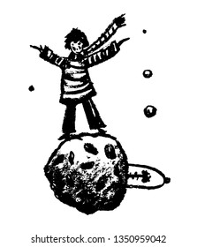 picture of an isolated element, the little boy is standing on tiny planet, a sketch, a hand-drawn charcoal graphic cartoon illustration