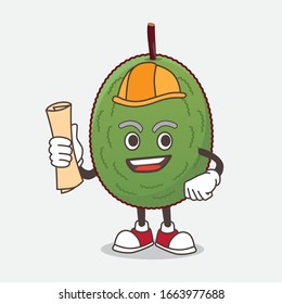 A picture of Jackfruit architect cartoon mascot character having blueprints and yellow helmet