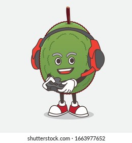 A picture of Jackfruit cartoon mascot character play a game with headphone and controller