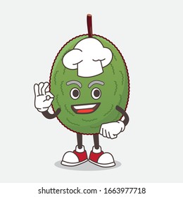 A picture of Jackfruit cartoon mascot character in a chef dress and white hat