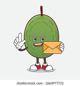 A picture of Jackfruit cartoon mascot character holding an envelope