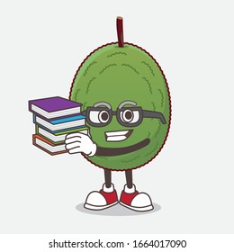 A picture of Jackfruit cartoon mascot character studying with some books