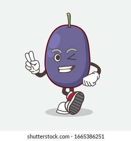 A picture of Java Plum cartoon mascot character with two fingers