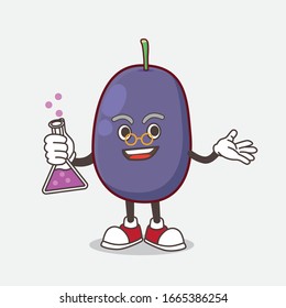 A picture of Java Plum cartoon mascot professor character with glass tube