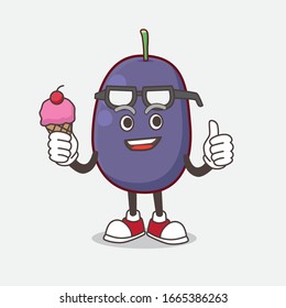 A picture of Java Plum cartoon mascot character eating an ice cream