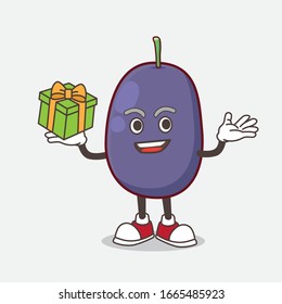 A picture of Java Plum cartoon mascot character with a box of gift