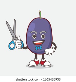 A picture of Java Plum cartoon mascot character as smiling barber with scissors on hand