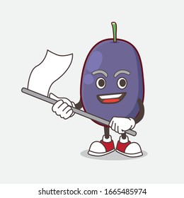 A picture of Java Plum cartoon mascot character waving a flag