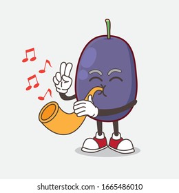 A picture of Java Plum cartoon mascot character playing music with trumpet