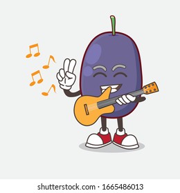 A picture of Java Plum cartoon mascot character playing a guitar