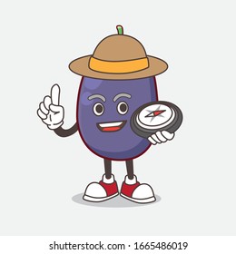 A picture of Java Plum cartoon mascot character having a compass