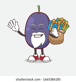 Una foto de la caricatura de Java Plum santa mascota personaje con un saco de regalos