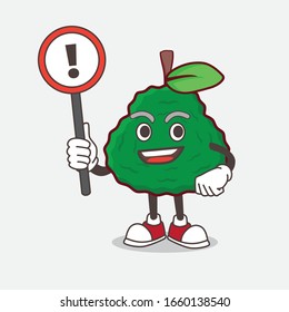 A picture of Kaffir Lime cartoon mascot character rise up a warning sign