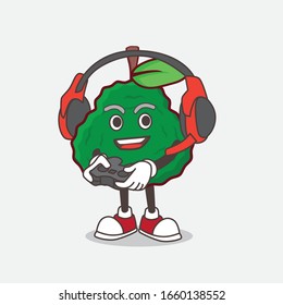 A picture of Kaffir Lime cartoon mascot character play a game with headphone and controller