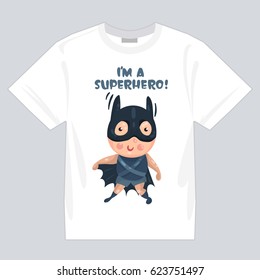 The Picture With The Kids Superheroes For Printing On Clothing, T-shirt, Isolated Mock Up On White T-shirt