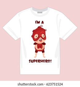 the picture with the kids superheroes for printing on clothing, t-shirt, isolated mock up on white t-shirt