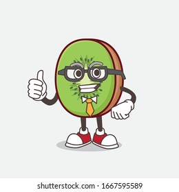 A picture of Kiwi Fruit cartoon businessman mascot character wearing tie and glasses