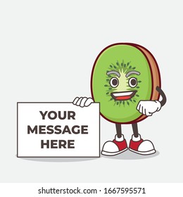 A picture of Kiwi Fruit cartoon mascot character holding a board sign message