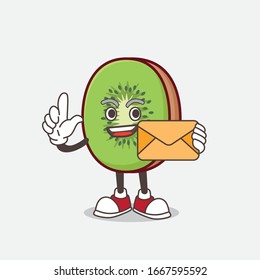 A picture of Kiwi Fruit cartoon mascot character holding an envelope