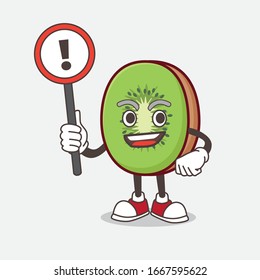 A picture of Kiwi Fruit cartoon mascot character rise up a warning sign