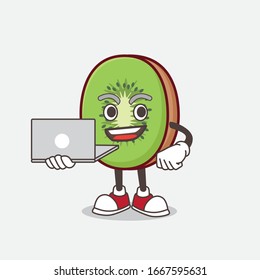 A picture of Kiwi Fruit cartoon mascot character working with laptop