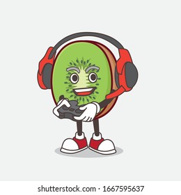 A picture of Kiwi Fruit cartoon mascot character play a game with headphone and controller