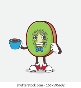 A picture of Kiwi Fruit cartoon mascot character with a cup of coffee