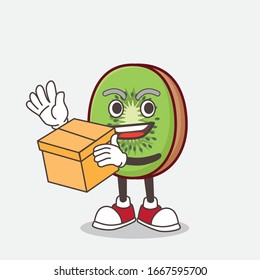 A picture of Kiwi Fruit cartoon mascot character holding a box