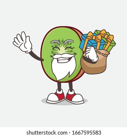 A picture of Kiwi Fruit cartoon santa mascot character having a sack of gifts