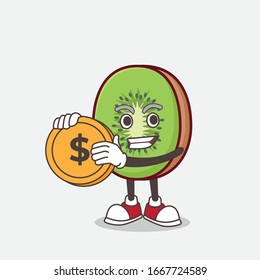 A picture of Kiwi Fruit mascot character holding a gold coin medal