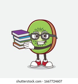 A picture of Kiwi Fruit mascot character studying with some books