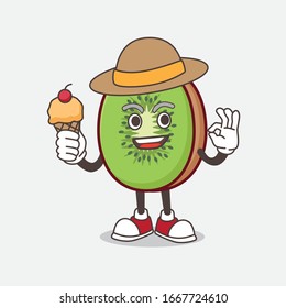 A picture of Kiwi Fruit mascot character holding ice cream