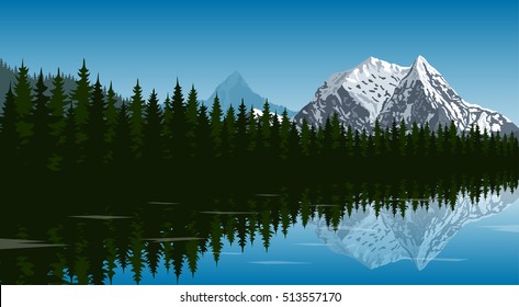 Picture of the lake in the forest with mountain peak on background and reflection in water, travel, tourism, hiking and trekking concept, flat style illustration