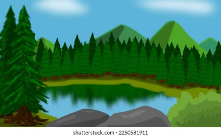 Picture of a lake surrounded by trees, mountains, rocks, and bushes