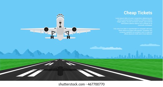 picture of a landing or taking off plane with mountains and big city silhouette on background, flat style illustration
