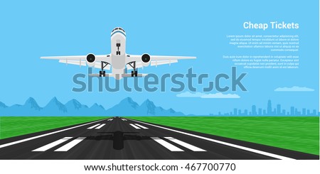 picture of a landing or taking off plane with mountains and big city silhouette on background, flat style illustration