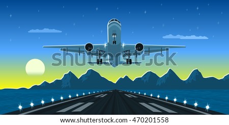 picture of a landing or taking off plane with mountains and big city silhouette on background, flat style illustration