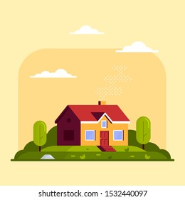 Picture of a landscape with family cottage house and trees, real estate, construction industry, flat style illlustration