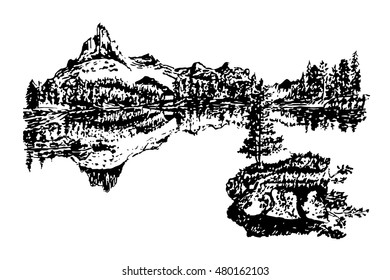 picture landscape, island and forest on a beautiful mountain lake, sketch hand drawn vector illustration