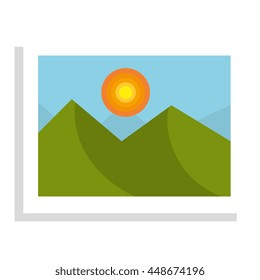 Picture landscape with mountains and sun on it, vector illustration.