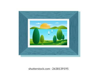Picture of landscaped nature background in wooden blue frame. Room interior element. Vector illustration clipart. Gradient banner.	