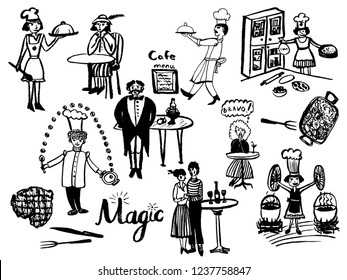 picture of a large set of isolated elements in the style of a vintage comic illustration, chefs, waiters and visitors to a cafe, a sketch of a hand-drawn cartoonish cartoon illustration
