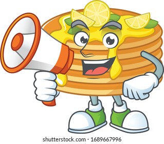 A picture of lemon cream pancake cartoon design style speaking on a megaphone