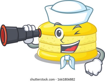A picture of lemon macaron working as a Sailor with binocular