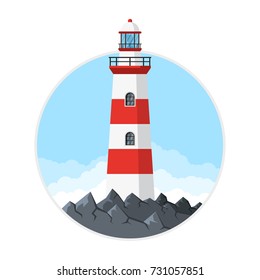 Picture of lighthouse with rocks and clouds, flat style illustration