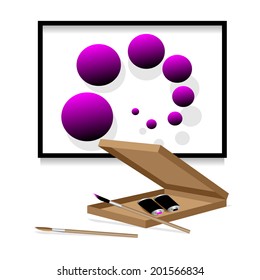 picture with lilac spheres and a box with brushes and paints