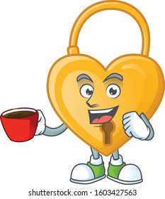 Picture of love padlock character with a cup of coffee