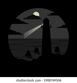 Picture of a luminous lighthouse on a rock. Starry sky with moon and clouds on background