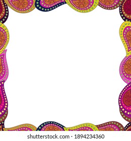 Picture in magenta, white and yellow colors. Vector. Quadratic frames doodles. Seamless.